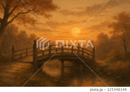 夕焼けに染まる木橋と秋の風景の水彩イラスト（郷愁の情景） 125348149