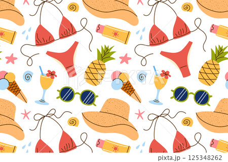 Seamless summer pattern for women. Bright beach vacation mood with sun hat, bikini, sunglasses, ice cream, lemonade, sunscreen, and seashells. Flat cartoon style for textile or background Seamless summer pattern for women. Bright beach vacation mood with sun hat, bikini, sunglasses, ice cream, lemonade, sunscreen, and seashells. Flat cartoon style for textile or background 125348262