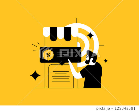 Retail promotion strategy with customer engaging in personalized discount offer. Local business e-commerce marketing, audience targeting and store sales advertising. Flat style vector illustration Retail promotion strategy with customer engaging in personalized discount offer. Local business e-commerce marketing, audience targeting and store sales advertising. Flat style vector illustration 125348381