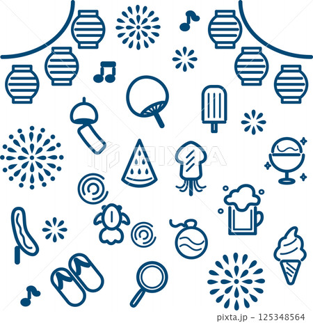 アイコン　夏　お祭り　ピクトグラム　線　ラインアイコン　飾り　あしらい　イラスト素材セット 125348564