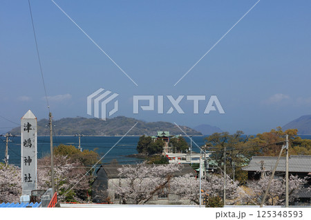 桜の季節、香川県三豊市三野町の海上に浮かぶ子供の守り神「津嶋神社」 桜の季節、香川県三豊市三野町の海上に浮かぶ子供の守り神「津嶋神社」 125348593