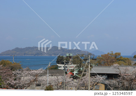 桜の季節、香川県三豊市三野町の海上に浮かぶ子供の守り神「津嶋神社」 125348597
