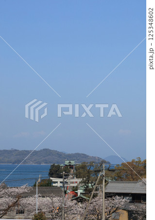 桜の季節、香川県三豊市三野町の海上に浮かぶ子供の守り神「津嶋神社」 125348602