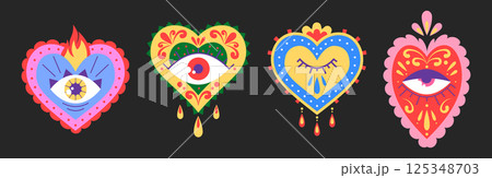 Mexican sacred hearts set isolated on black 125348703