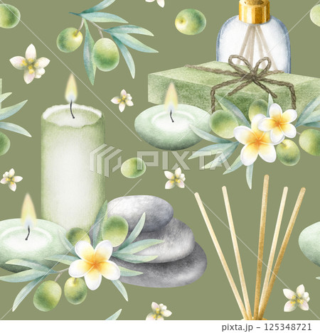 Olive soap aleppo, candle, aroma diffuser, stack pebbles, frangipani flowers and olive branches. Hand drawn watercolor seamless pattern on dark olive color for fabric, packaging and spa salon design. 125348721