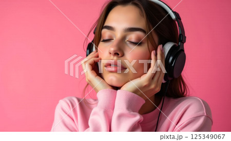 young relaxed brunette in pink sweater listening to music in big white headphones on pink background young relaxed brunette in pink sweater listening to music in big white headphones on pink background 125349067