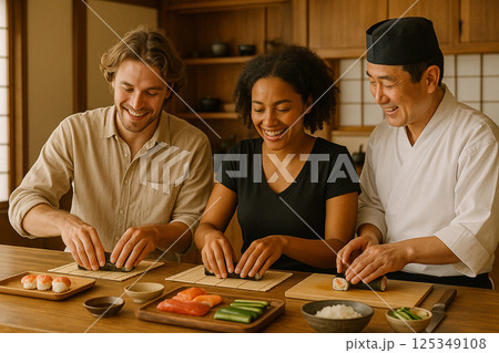 外国人観光客が寿司職人と一緒に巻き寿司を体験 外国人観光客が寿司職人と一緒に巻き寿司を体験 125349108