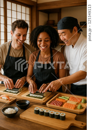 巻き寿司作りを体験する外国人観光客と寿司職人 巻き寿司作りを体験する外国人観光客と寿司職人 125349113