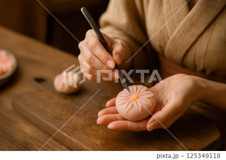 和菓子を作る女性の手元のアップ 125349118
