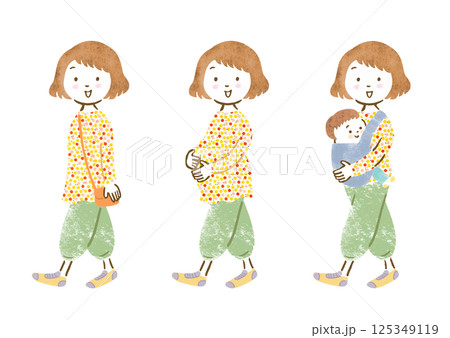 女性のライフステージ変化セット（独身・妊娠・育児）／可愛い手描き風イラスト 125349119