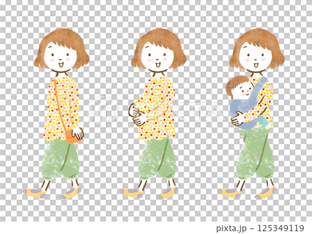 女性のライフステージ変化セット（独身・妊娠・育児）／可愛い手描き風イラスト 125349119