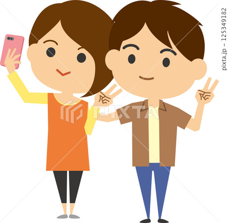 スマホで自撮りをしている若いカップルのイメージイラスト 125349182