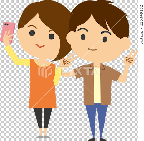 スマホで自撮りをしている若いカップルのイメージイラスト 125349182