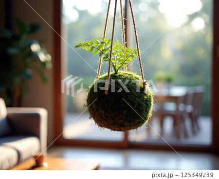 A single Kokedama, a moss-covered sphere supporting a delicate fern, hanging in front of a large window, illuminated by soft morning sunlight A single Kokedama, a moss-covered sphere supporting a delicate fern, hanging in front of a large window, illuminated by soft morning sunlight 125349239