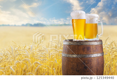 Glass and mug of beer on wooden barrel on wheat field background 125349440