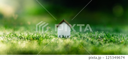 Home and environment concept background. Toy house background on summer lawn. Home and environment concept background. Toy house background on summer lawn. 125349674