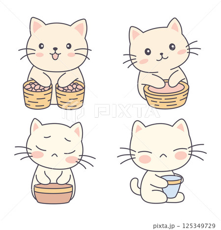 Set of Cute Orange Kitten Little Cat Pet Animal Cartoon Character is Eating and Drinking 125349729