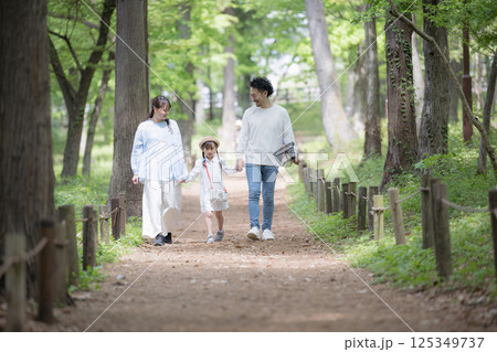 家族で夏休みの虫探し！春夏のお出かけやアウトドアレジャーのイメージ　旅行で森で遊ぶ 125349737