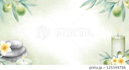 Olive branches, candles, stack pebbles and plumeria flowers. Hand drawn watercolor isolated rectangular frame with copy space for spa design. Template for beauty salon certificate and invitation. Olive branches, candles, stack pebbles and plumeria flowers. Hand drawn watercolor isolated rectangular frame with copy space for spa design. Template for beauty salon certificate and invitation. 125349786