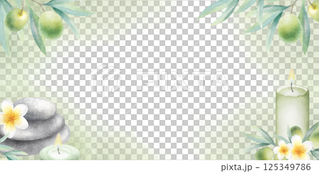 Olive branches, candles, stack pebbles and plumeria flowers. Hand drawn watercolor isolated rectangular frame with copy space for spa design. Template for beauty salon certificate and invitation. Olive branches, candles, stack pebbles and plumeria flowers. Hand drawn watercolor isolated rectangular frame with copy space for spa design. Template for beauty salon certificate and invitation. 125349786