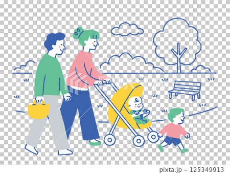 Family walking in a park pushing a stroller_Color 125349913