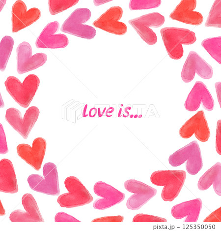Greeting card with watercolor pink and red hearts on white background 125350050