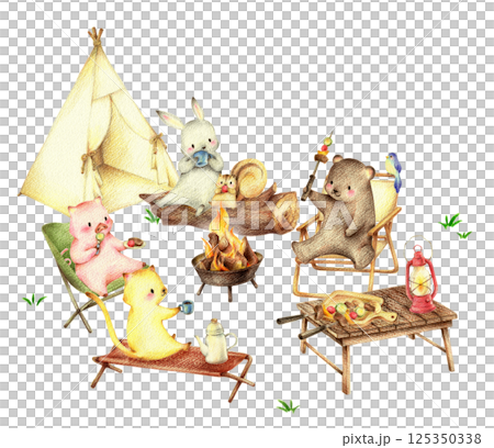 キャンプでバーベキューをする動物たち 手描き色鉛筆画のイラスト素材