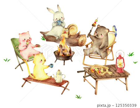バーベキューをする動物たち 手描き色鉛筆画 バーベキューをする動物たち 手描き色鉛筆画 125350339