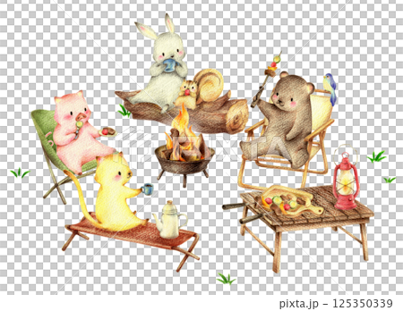 バーベキューをする動物たち 手描き色鉛筆画 バーベキューをする動物たち 手描き色鉛筆画 125350339