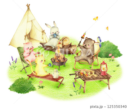 緑の野原のキャンプでバーベキューをする動物たち 手描き色鉛筆画 緑の野原のキャンプでバーベキューをする動物たち 手描き色鉛筆画 125350340