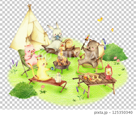 動物們在綠色田野的營地裡燒烤手繪色鉛筆畫 125350340