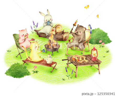 緑の野原でバーベキューをする動物たち　手描き色鉛筆画 125350341