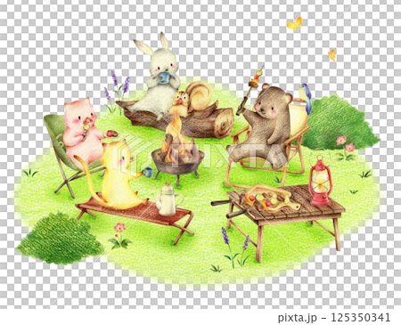 Animals having a barbecue in a green field, hand-drawn colored pencil drawing 125350341