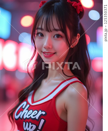 電飾で飾られたイベント会場にいるチアリーダーユニフォームの女性 125350371