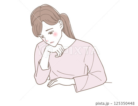 頬杖をついて考え込んでいる女性のイラスト 頬杖をついて考え込んでいる女性のイラスト 125350448