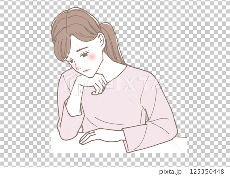 頬杖をついて考え込んでいる女性のイラスト 頬杖をついて考え込んでいる女性のイラスト 125350448
