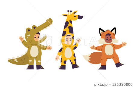 Children in fun animal costumes, like a giraffe, crocodile, and fox, celebrate creativity 125350800