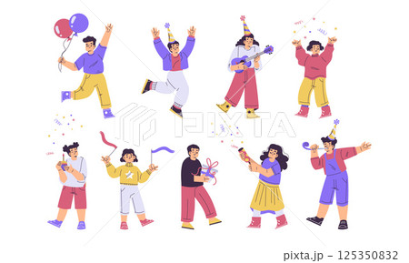 Children at Happy Birthday Party Celebrating Holiday Vector Set 125350832
