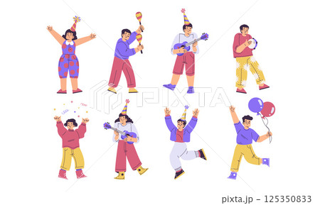 Children at Happy Birthday Party Celebrating Holiday Vector Set Children at Happy Birthday Party Celebrating Holiday Vector Set 125350833