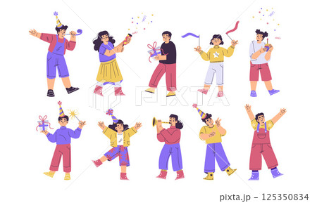 Children at Happy Birthday Party Celebrating Holiday Vector Set Children at Happy Birthday Party Celebrating Holiday Vector Set 125350834