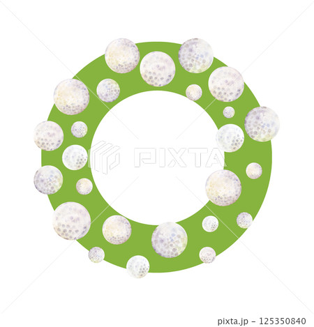 Green circle frame decorated with watercolor golf balls in various sizes Green circle frame decorated with watercolor golf balls in various sizes 125350840