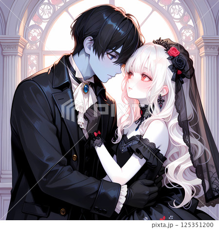 ゾンビになった恋人との結婚。アルビノの少女と碧眼の青年のハロウィン。漫画風のAIイラスト 125351200