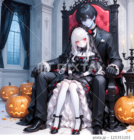 ゾンビになった恋人との結婚。アルビノの少女と碧眼の青年のハロウィン。漫画風のAIイラスト 125351201