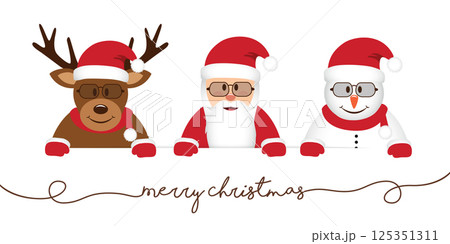 cute reindeer santa and snowman cartoon with glasses white banner vector illustration 125351311