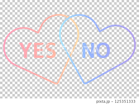 一個心形圖標，上面有字母“YES”和“NO”，顏色為流行的粉紅色和藍色漸變 125351333