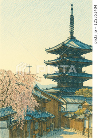京都・八坂の五重塔と桜の風景イラスト 125351404