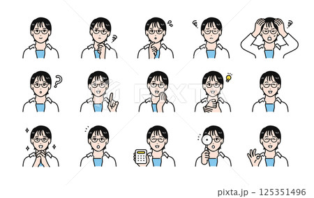 眼鏡をかけた若い女性の様々な表情バリエーションセット 眼鏡をかけた若い女性の様々な表情バリエーションセット 125351496