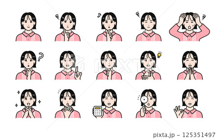 若い女性の様々な表情バリエーションセット 125351497