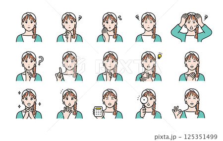 ターバンを巻いた若い女性の様々な表情バリエーションセット 125351499