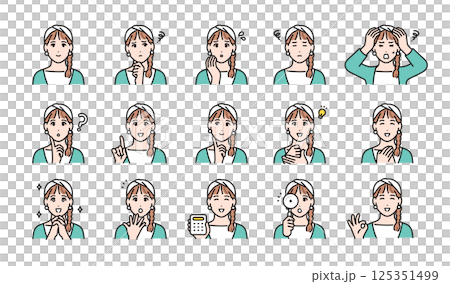 ターバンを巻いた若い女性の様々な表情バリエーションセット 125351499